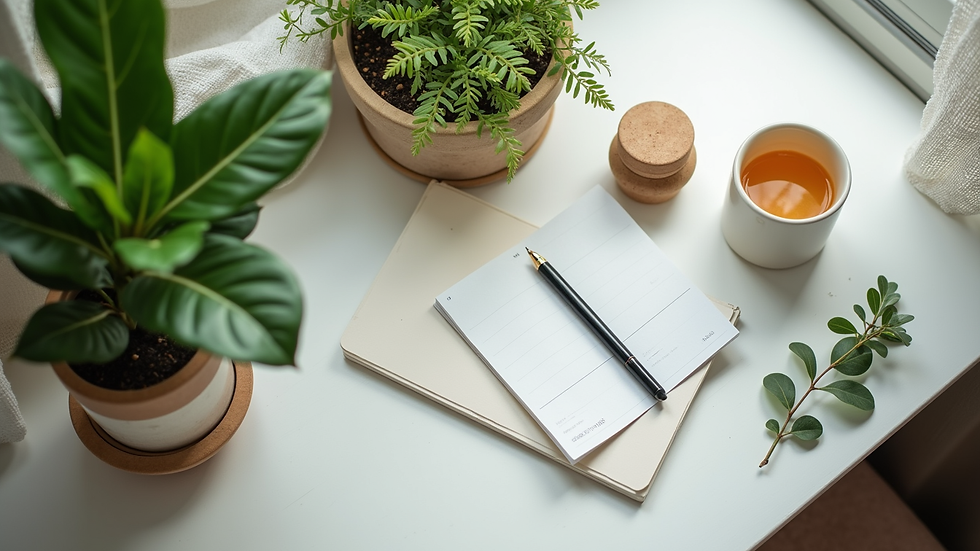 High angle view of a serene workspace with plants and wellness accessories