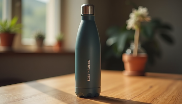 Eye-level view of a sleek insulated water bottle with subtle branding on a wooden table