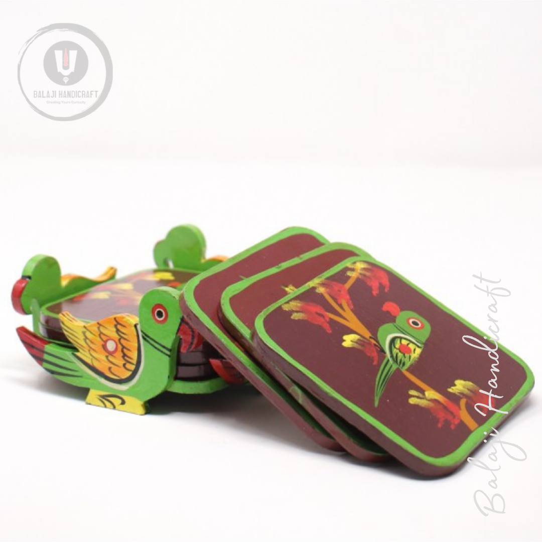 Wooden Parrot Design Coaster Set Craft Of Banaras Banaras Tradtional Art