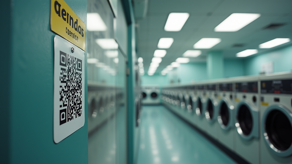 Eye-level view of a self-service laundromat with QR code payment signage