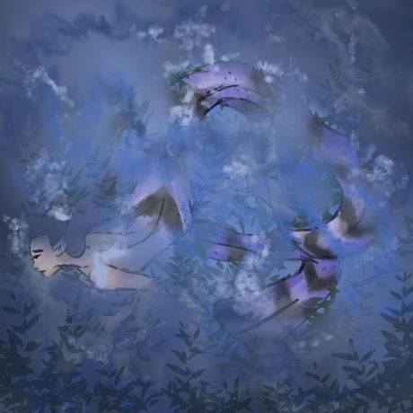 Mermaid with a purple and black tail swimming through mirky waters