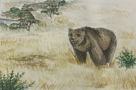 a Prehistoric bear standing in a Nebraskan prairie