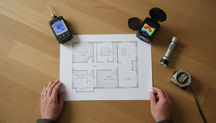 Overhead view of a marked moisture map on a printed room sketch with inspection tools nearby