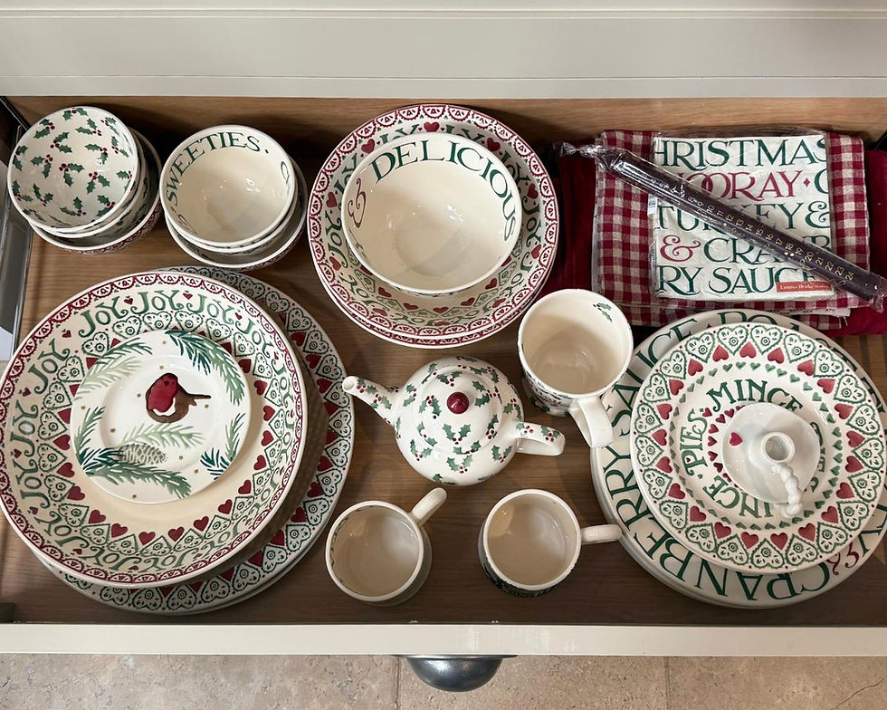 Drawer full of Emma Bridgewater Christmas crockery for hosting and entertaining - platters, bowls and plates