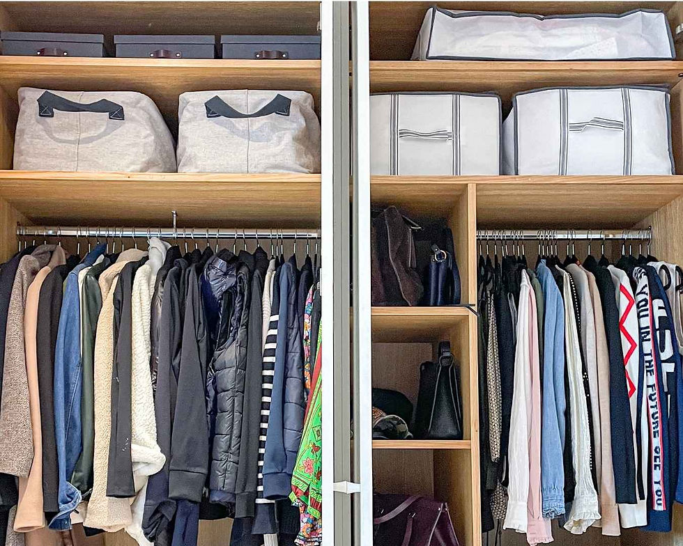 Organised wardrobe with seasonal clothes storgae on top shelves