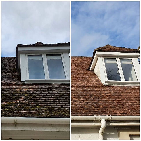 Before and after comparison of moss covered roof tiles and clean cleared roof tiles on a house dormer window