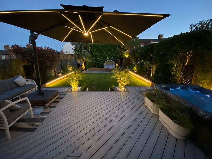 Composite decking installation with large umbrella cover