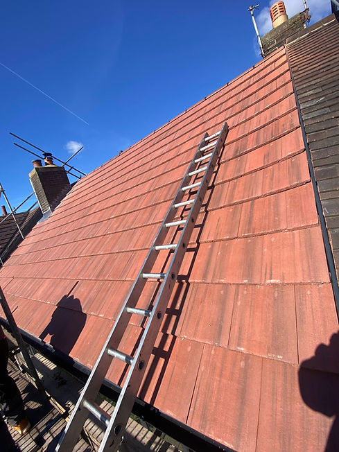 Pitched roof with a ladder leaning on it