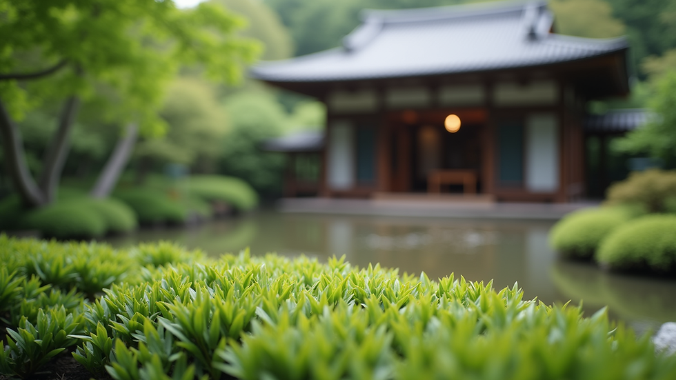 Close-up view of traditional Japanese garden with a luxury ryokan in the background