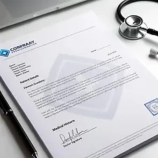 A medical document on a desk, displaying patient details and medical history. It features a healthcare logo at the top and a doctor's signature at the bottom, alongside a stethoscope and a pen placed nearby.