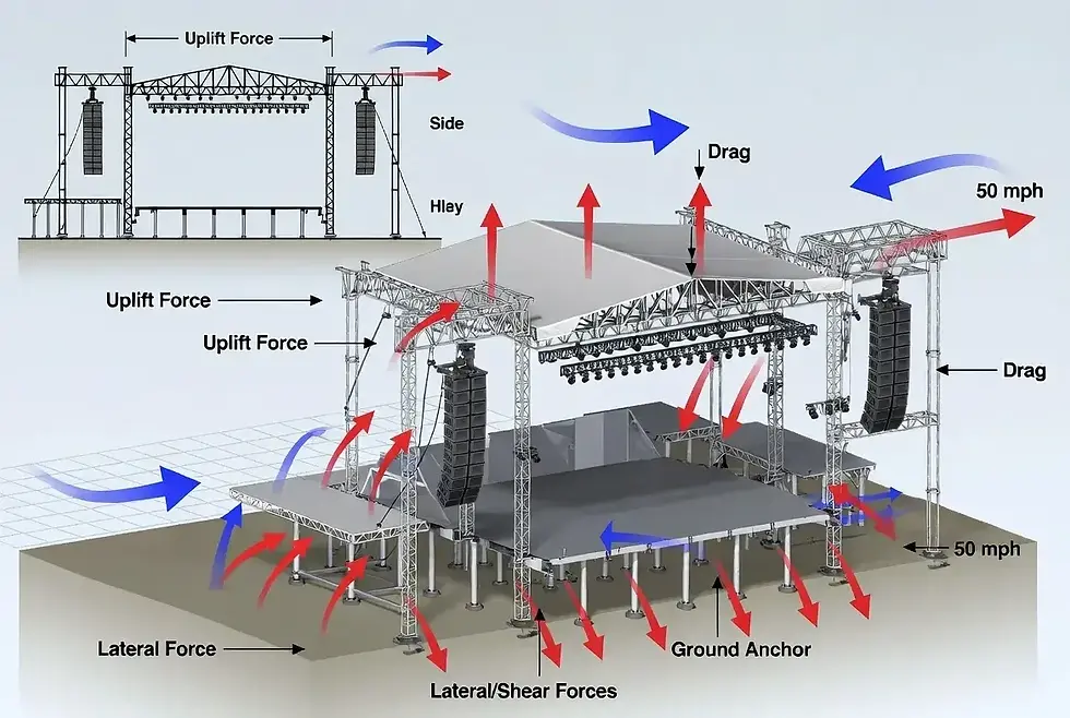 Engineering diagram showing wind direction and arrows indicating uplift and lateral forces on a large concert stage structure
