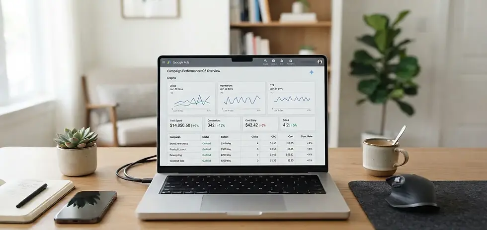Laptop displaying a Google Ads PPC campaign performance dashboard for a Miami small business marketing strategy
