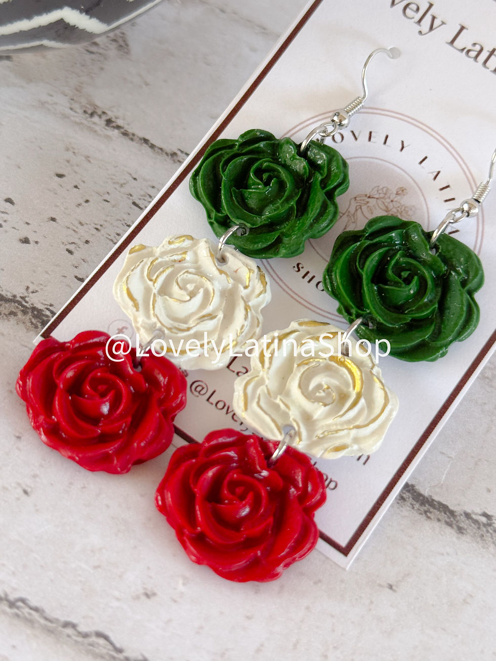 Thumbnail: Mexican Flag Roses Dangling Clay Earrings 