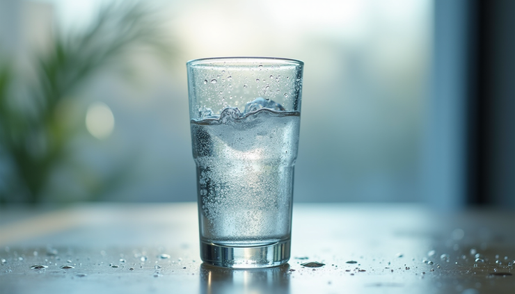 Close-up view of a glass of water with condensation droplets on the outside