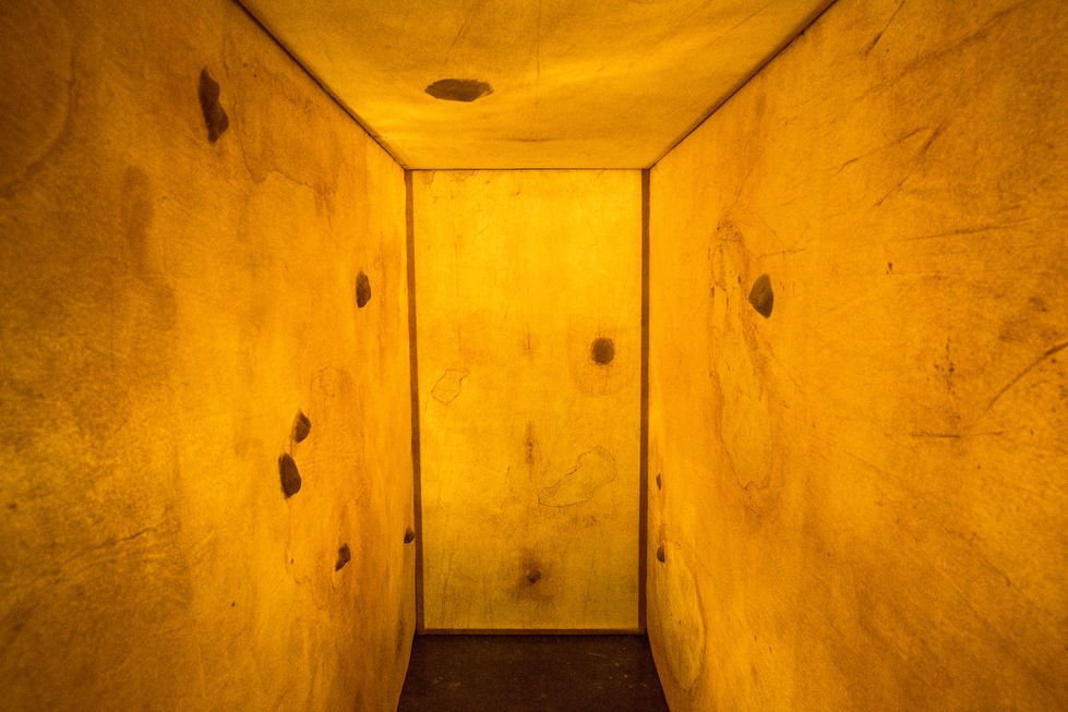 Liminal Space, 2014. latex, warm oats, wooden frame, 2-channel audio. approx 200cm H x 150cm W x 350cm D. (exhibition view). Photography by Alan Weedon.