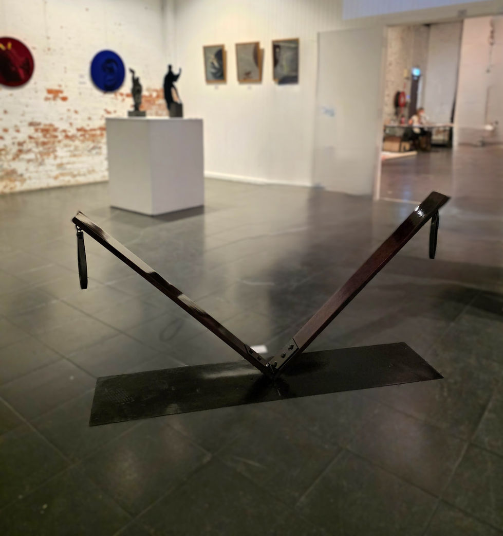 Assigned \ / Assumed, 2024. Pine, mahogany tint, polish, rubber, metal hardware gloss black paint. 900mm (H) 1250 mm (W) x 1250 mm (D). (exhibition view)