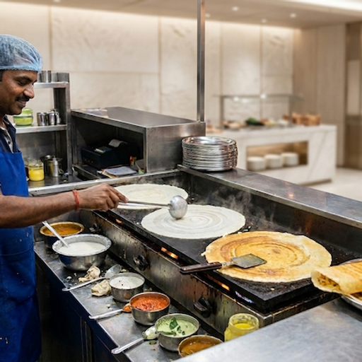 Live dosa station with chef using a wide commercial tawa
