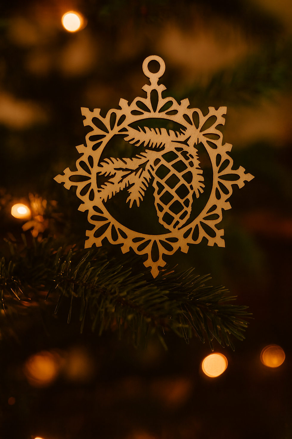 Vánoční ozdoba, detailně zakomponovaná na větvičce stromečku, Ozdoba šišky. Detailní záběr.