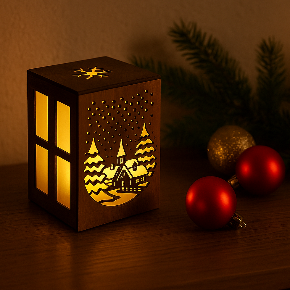 Dřevěná vánoční lucernička s motivem zimní vesničky, osvětlená teplým světlem elektrické svíčky, stojící na komodě.