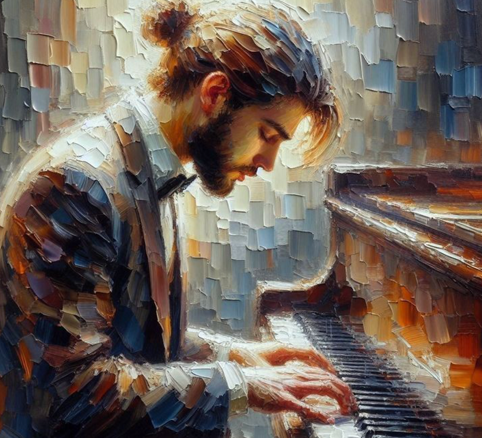 A man sits intently playing the piano. His eyes are closed, he is feeling the music.