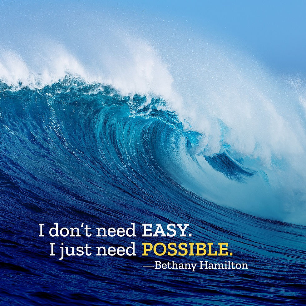 Huge blue wave in the ocean with white foam. Text reads, "I don’t need easy. I just need possible." —Bethany Hamilton. Inspiring mood.