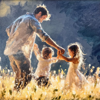 A father plays in a field with his two young girls.