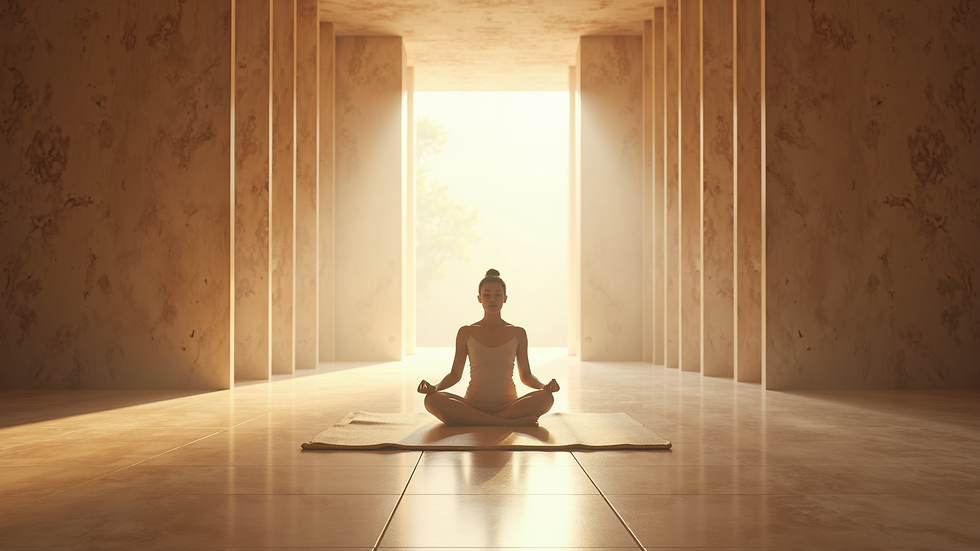 Eye-level view of a serene meditation space with soft lighting