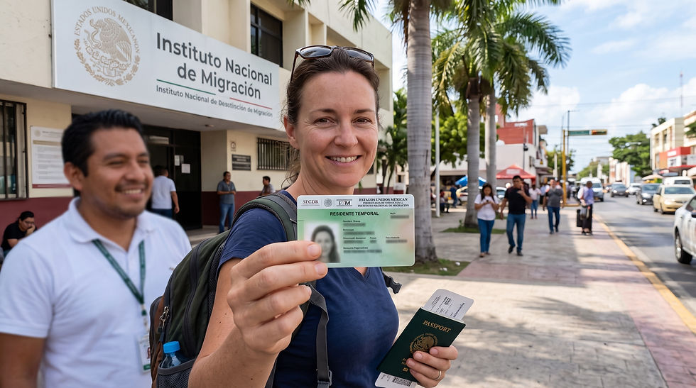 Extranjera mostrando su tarjeta de residencia mexicana fuera de las oficinas del INM