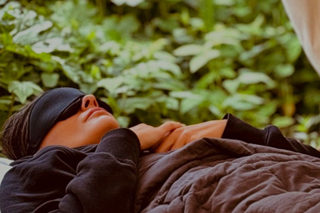 Participant relaxing during a guided psilocybin retreat in the Netherlands