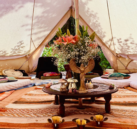 Bell tent as used for psychedelic ceremonies at Elevated Mind Retreats