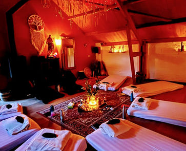 Ceremony space in the sun room at Elevated Mind Retreats, illuminated at night