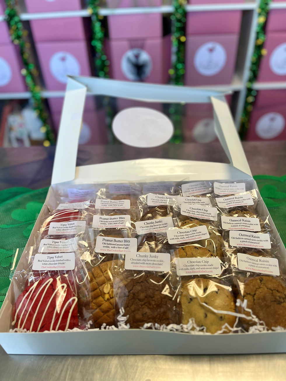 Thumbnail: Top view of the On The Rocks Cookie Assortment in a gift box with a clear lid.