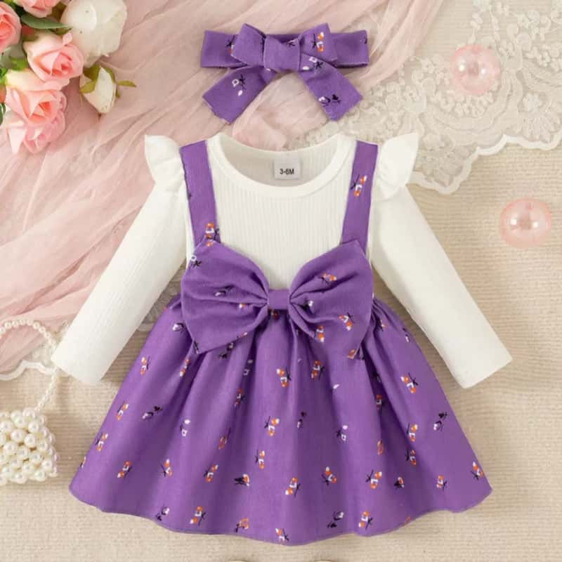 Miniatura: Vestido infantil para bebê menina com faixa de cabelo, estampa floral e laço g
