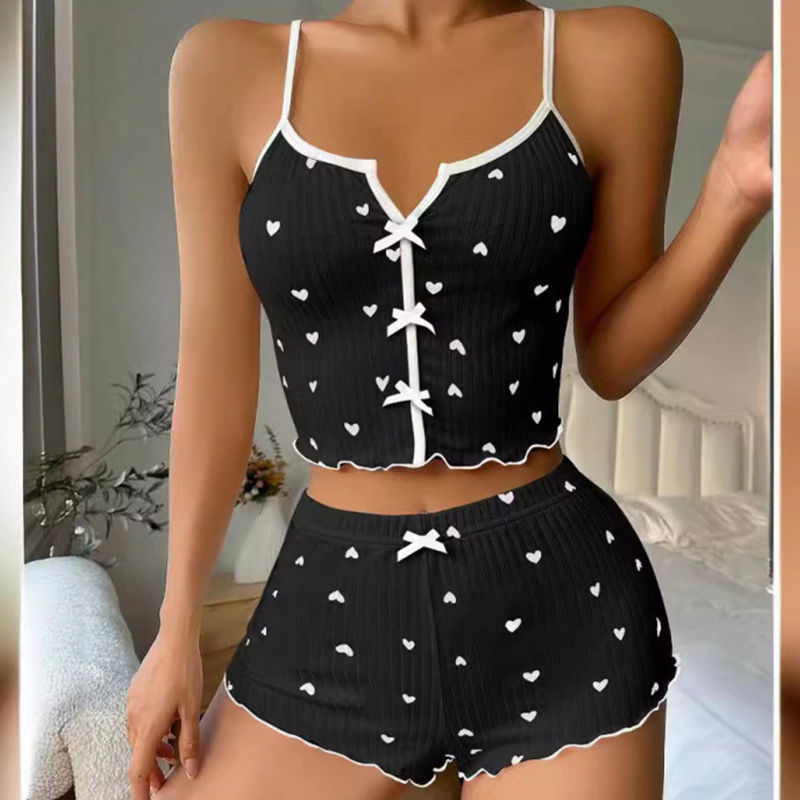 Miniatura: Conjunto de Pijama Feminino 1 Jogo: Estampa de Coração em Tecido Canelado Maci