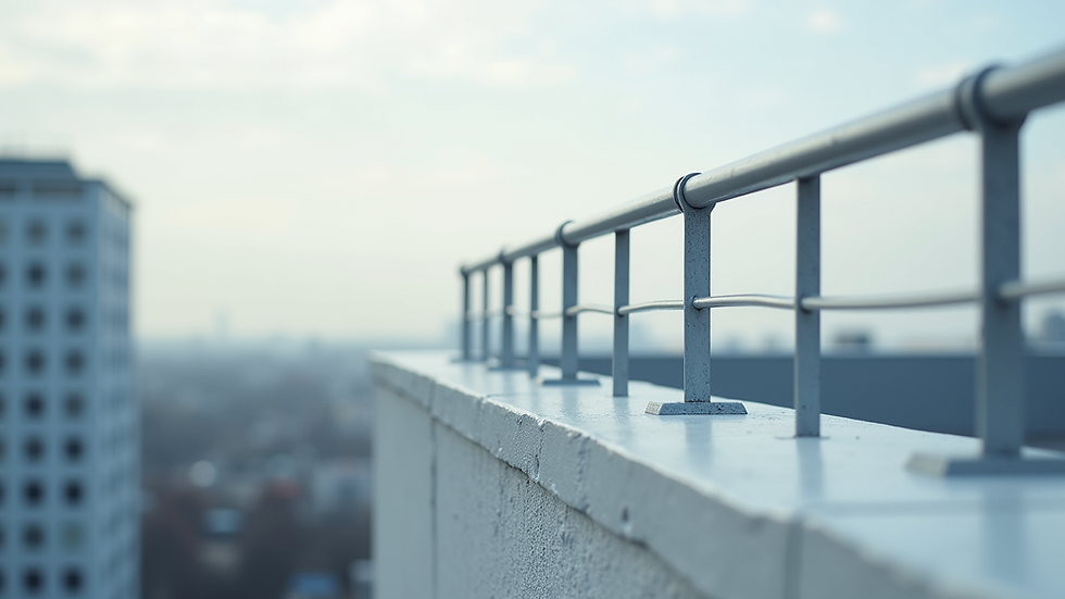 Close-up view of metal guard rails installed on a flat roof edge