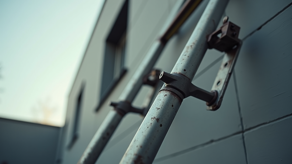 Close-up view of ladder stabilizer attached to a ladder on a building wall