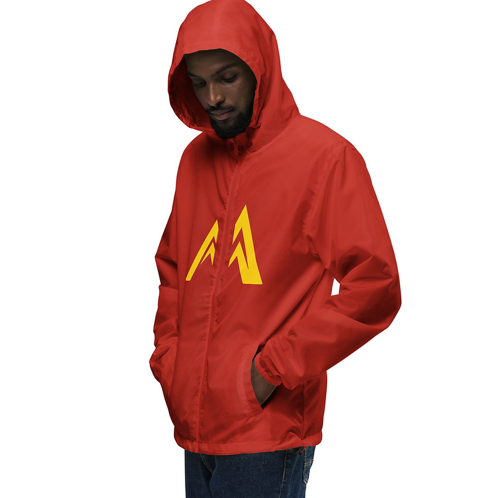 Thumbnail: Red lightweight zip-up windbreaker front hood up