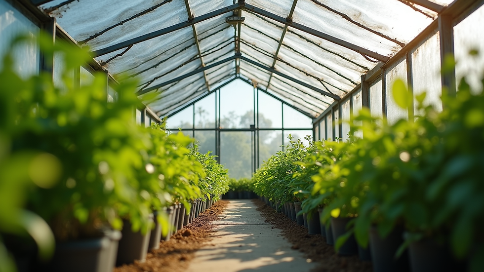 Eye-level view of a modern hobby greenhouse with plants inside