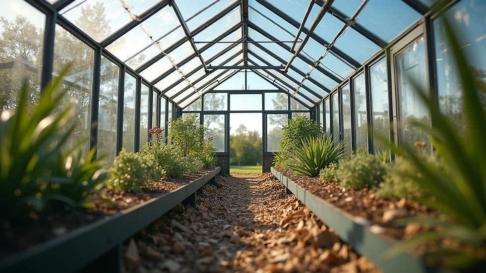 Eye-level view of a metal frame of a garden greenhouse being assembled