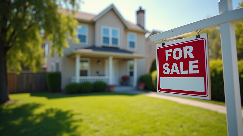Wide angle view of a "For Sale" sign in front of a house