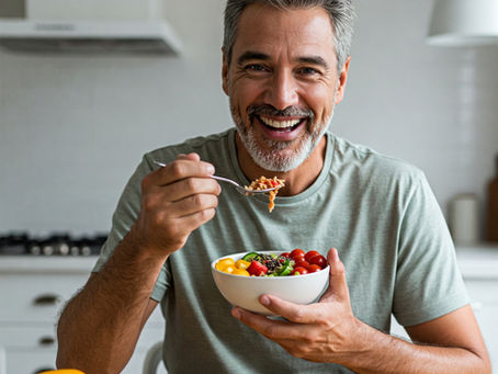 Una persona feliz comiendo sano.