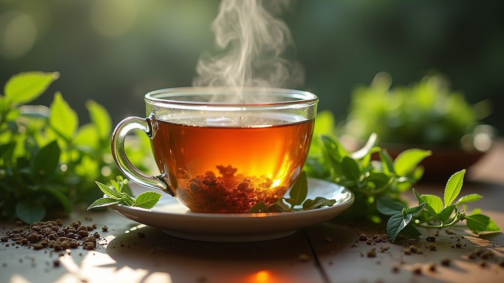 Close-up view of a steaming cup of herbal tea surrounded by fresh herbs