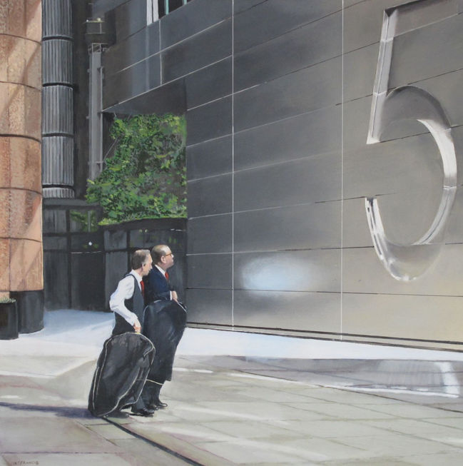 Oil painting of two business people in London, UK