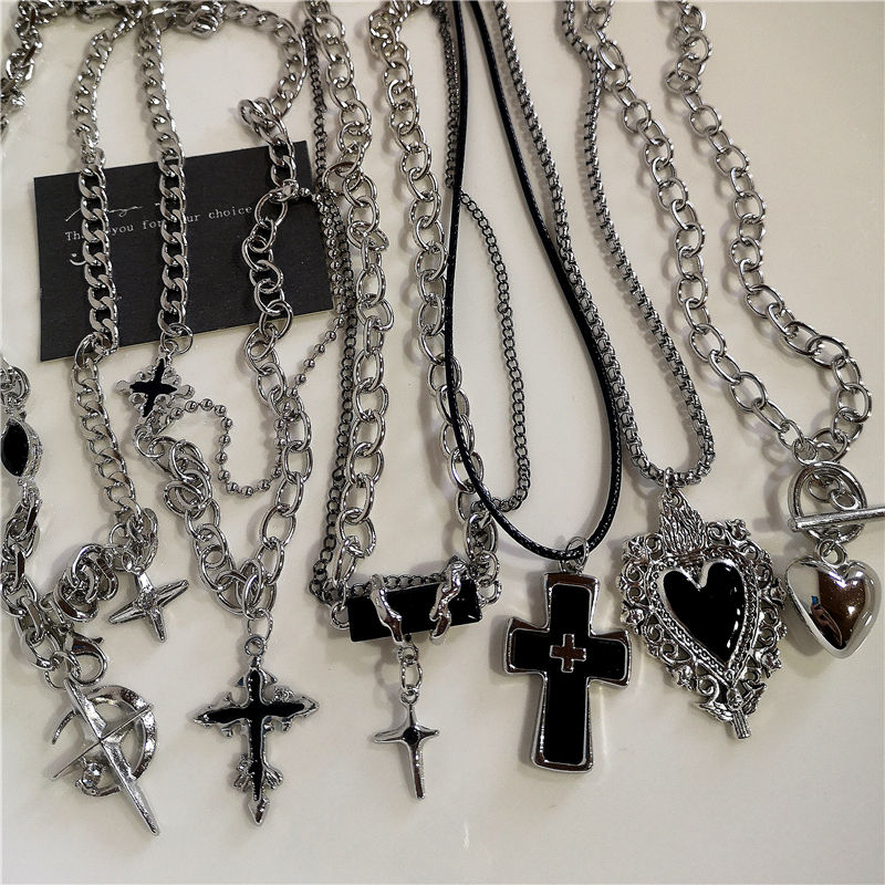 Punk Rock Black Heart Cross Pendant Chain Necklace For Men Women Cool Hip Hop St