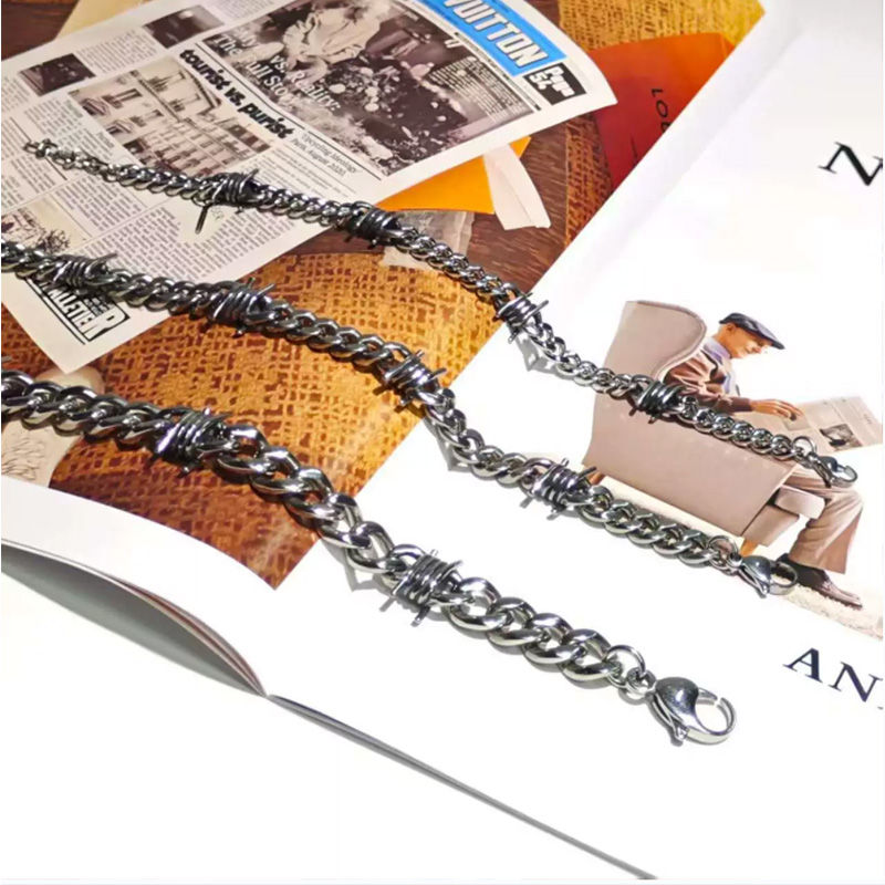 Thumbnail: Barbed Wire Chain Bracelets for Men Women Stainless Steel Thorn Cuban Link Chain