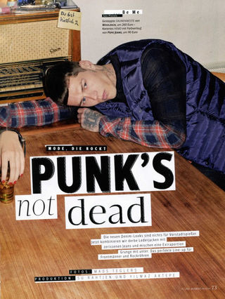 Norman Theuerkorn male model, editorial punk press layout, graphic typography, plaid styling