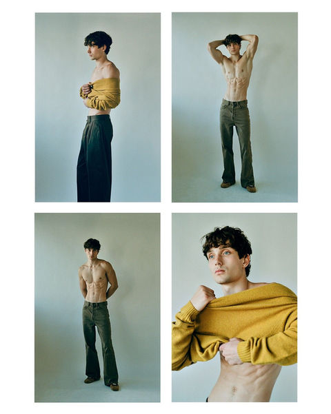 Fashion editorial of Oscar Mathias wearing mustard sweater – professional male modeling by Men Model MGMT