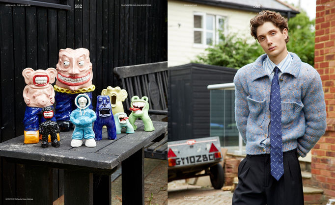 Oscar Mathias for ODDA Magazine with ceramic sculptures – high fashion male modeling by Men Model MGMT Europe