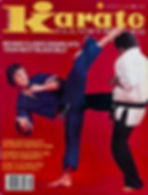 Karate Illustrated cover: A martial artist in blue delivers a high kick to an opponent in white. Bold text highlights karate tips on a red background.