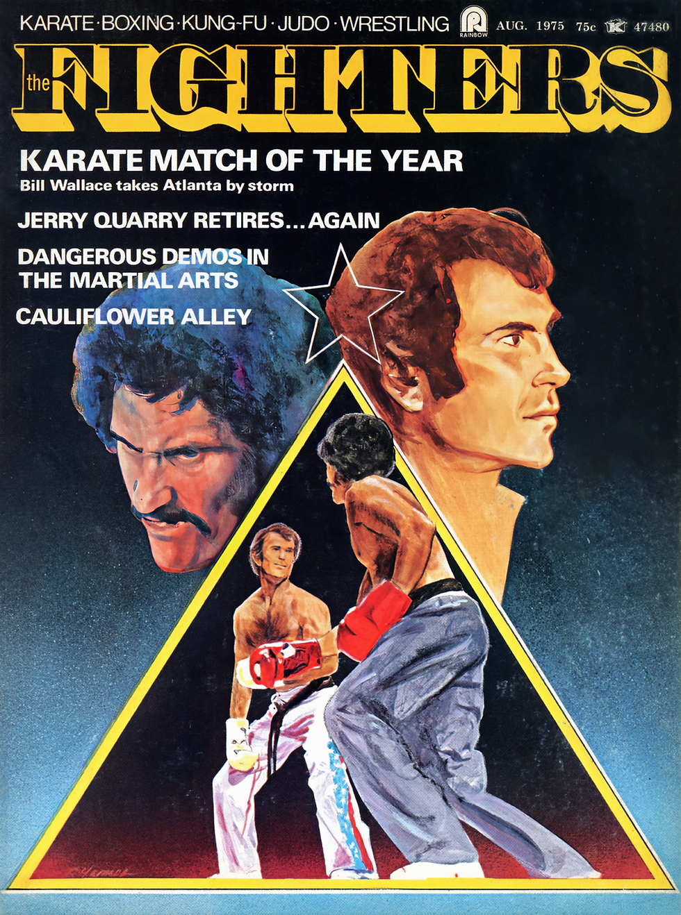 Magazine cover features paintings of fighters in action. Bold title "The Fighters" with martial arts topics and headlines in white text.